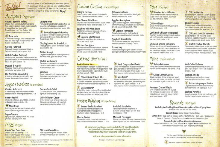 Olive Garden Catering Menu with prices and calories